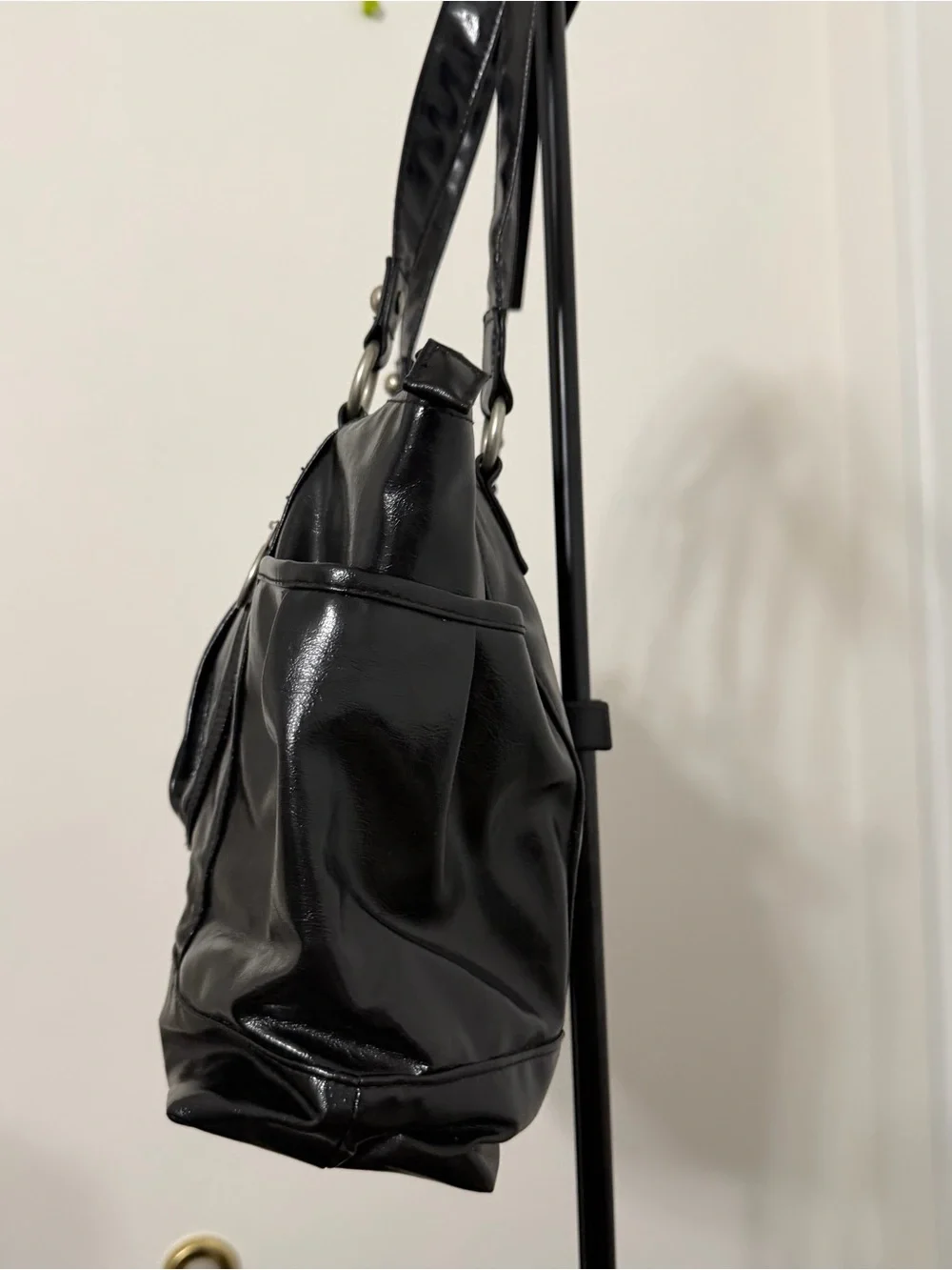Avenue Black Patent Shoulder Tote with Front Zip Pocket